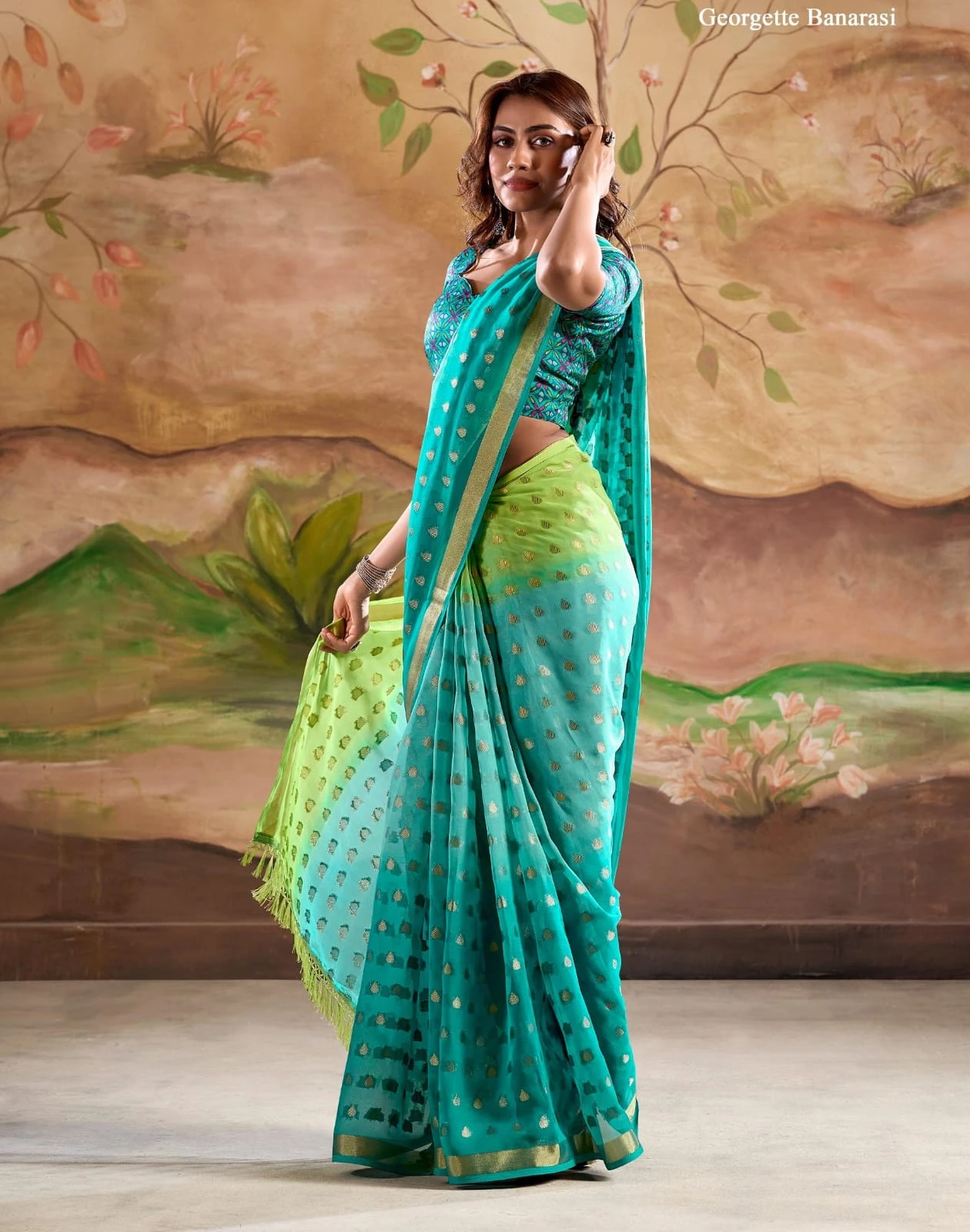 Rajyog Marigold Silk Banarasi Butta Georgette Wholesale Fancy Sarees Catalog — Wholesale Sarees, MPA wholesale from Surat - Gallery Image 4